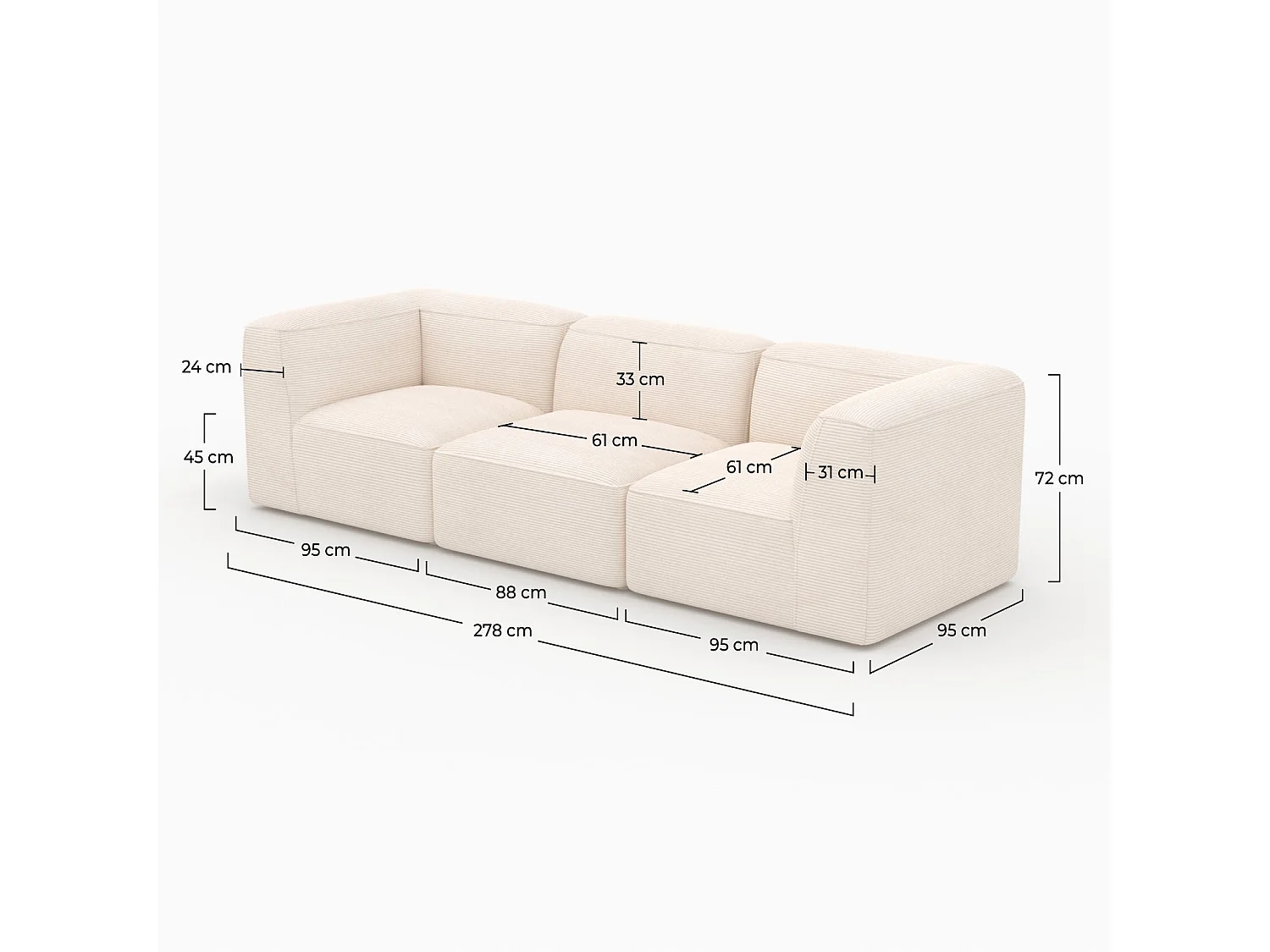 Sofá modular de terciopelo blanco roto de 3 plazas - Mina