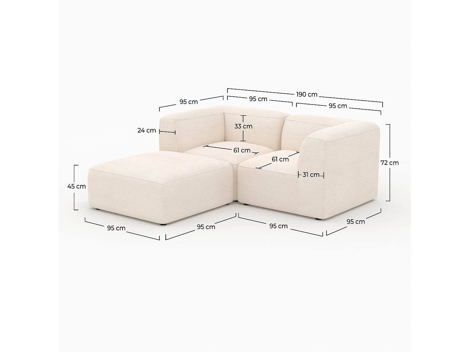 Canapé modulable en velours blanc 2 places avec pouf - Mina