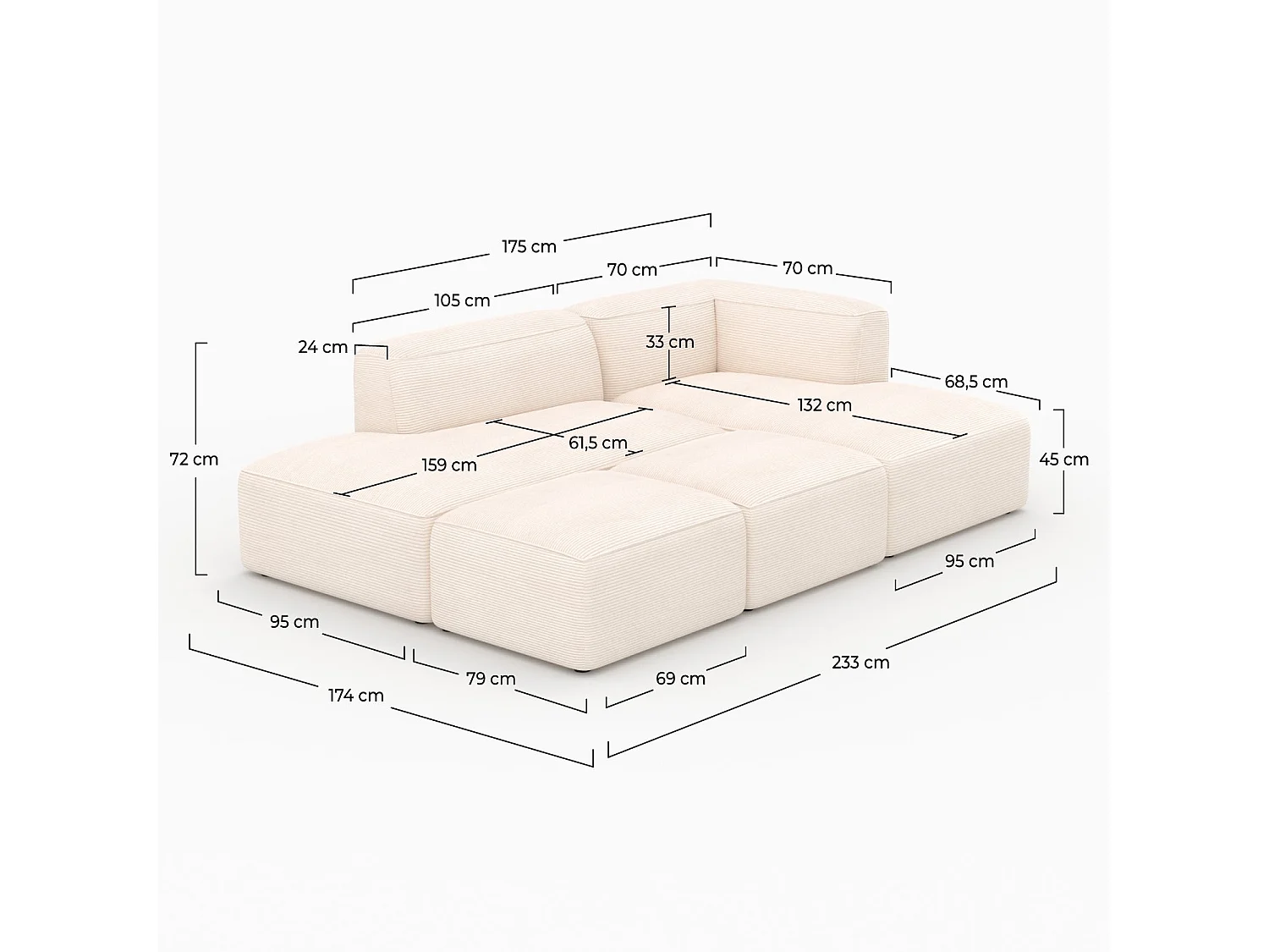 Canapé modulable en velours côtelé blanc 4 places avec 2 poufs - Mina