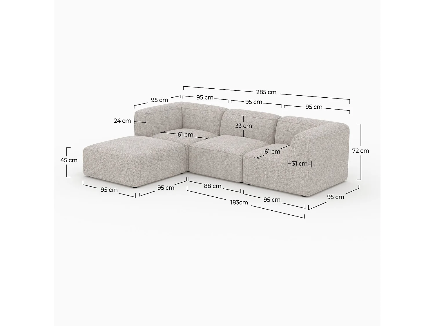 Canapé modulable en tissu beige 3 places avec pouf - Hestia