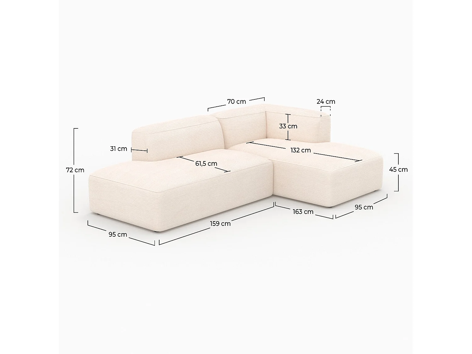 Canapé d'angle droit modulable en velours côtelé 4 places - Mina