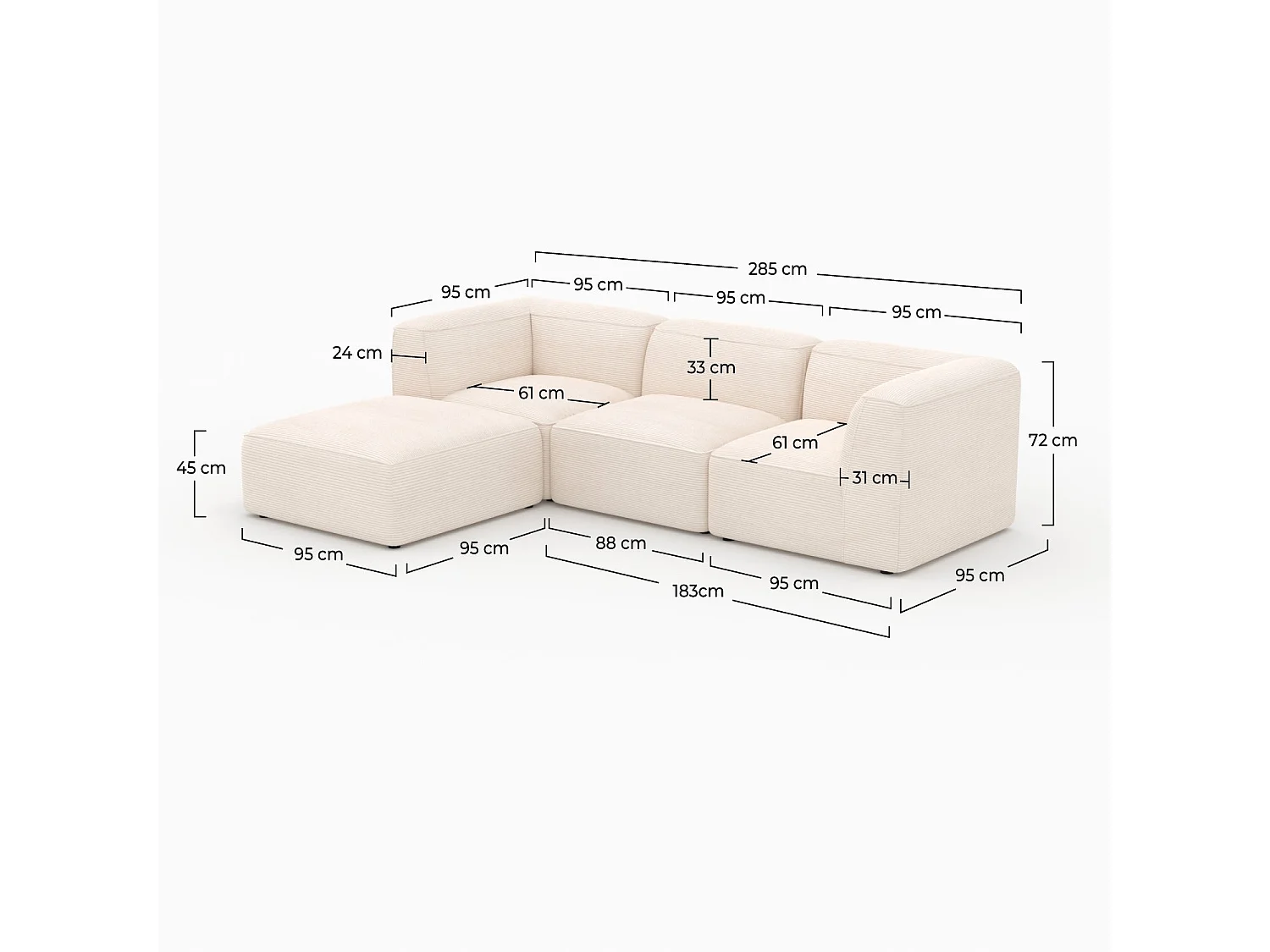 Canapé modulable en velours blanc 3 places avec pouf - Mina