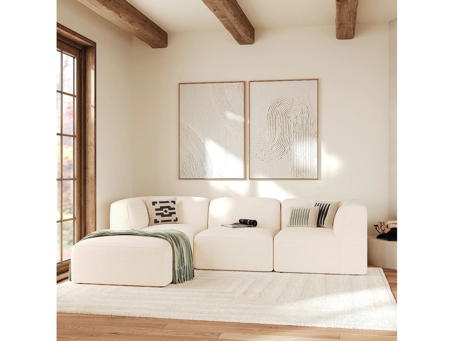 Sofá modular de terciopelo blanco de 3 plazas con puf - Mina