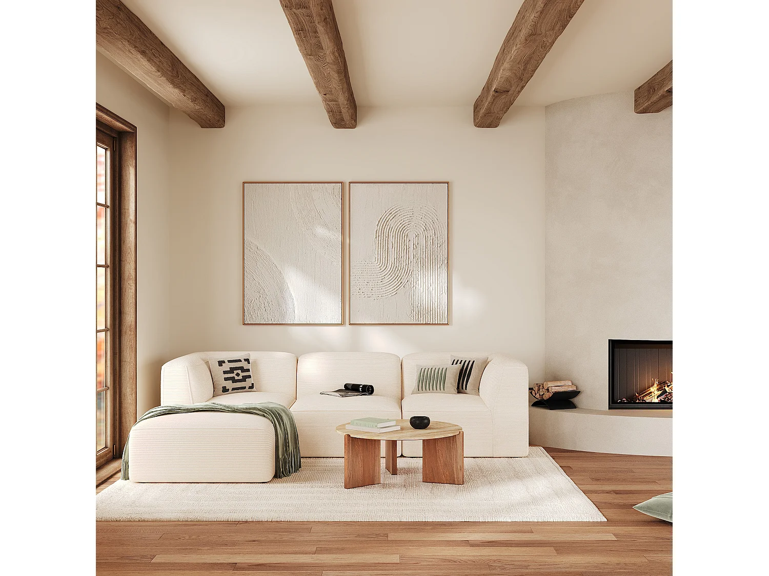 Canapé modulable en velours blanc 3 places avec pouf - Mina