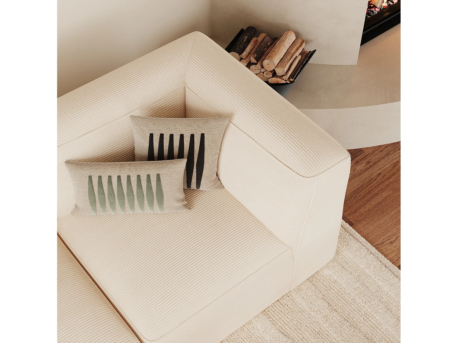 Canapé modulable en velours blanc 3 places avec pouf - Mina