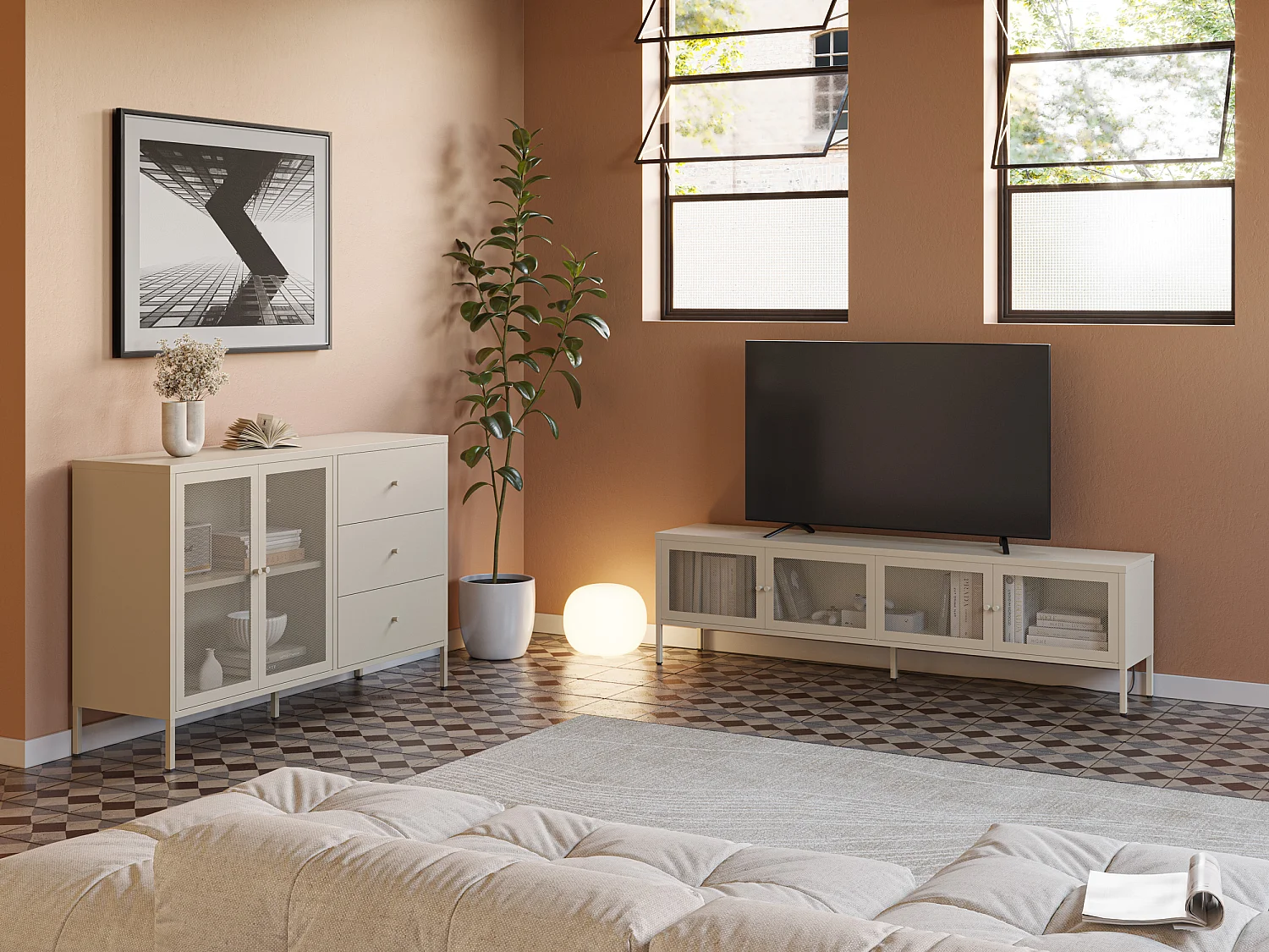 Meuble TV en métal beige 4 portes, 160 cm - Latem