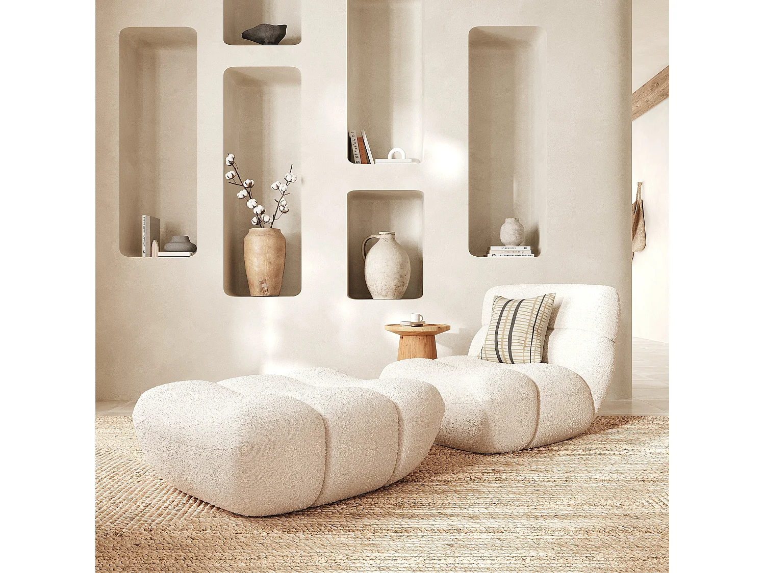 Conjunto de sillón y puf en tejido borreguito blanco - Teddy