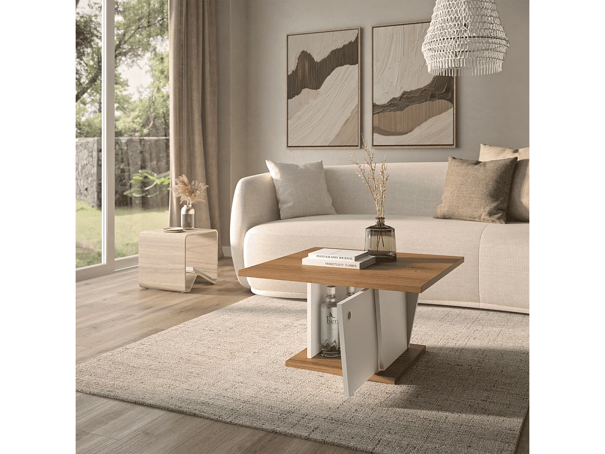 Stolik kawowy bar ATOS design biały i dąb z drzwiami i schowkiem, 69x69x38 cm, wyprodukowany we Francji