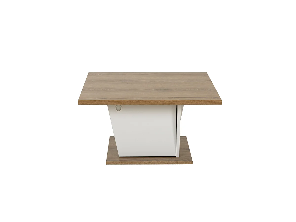 Stolik kawowy bar ATOS design biały i dąb z drzwiami i schowkiem, 69x69x38 cm, wyprodukowany we Francji