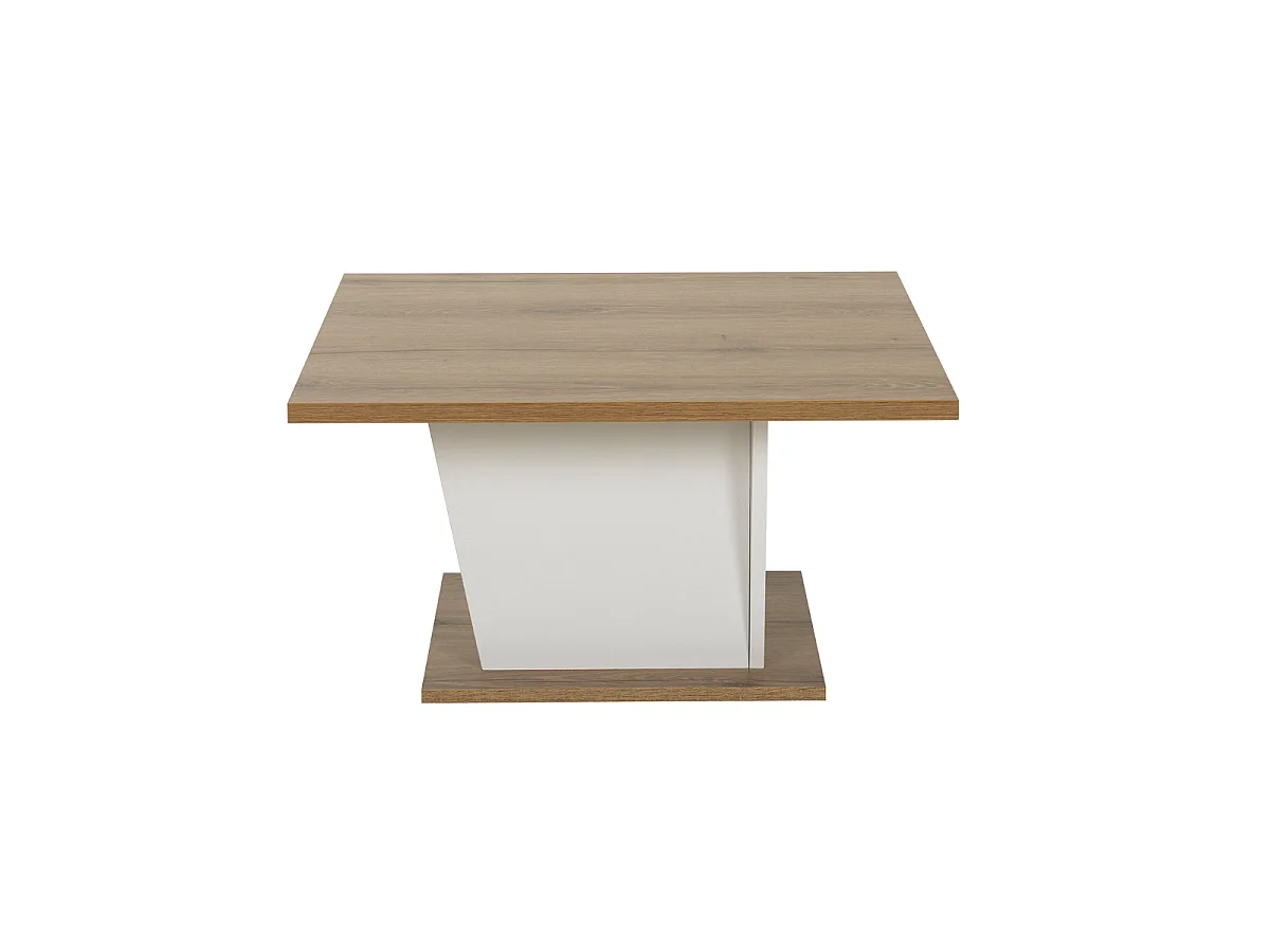 Stolik kawowy bar ATOS design biały i dąb z drzwiami i schowkiem, 69x69x38 cm, wyprodukowany we Francji