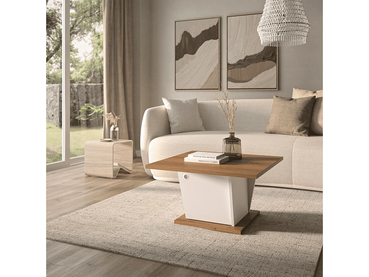 Stolik kawowy bar ATOS design biały i dąb z drzwiami i schowkiem, 69x69x38 cm, wyprodukowany we Francji