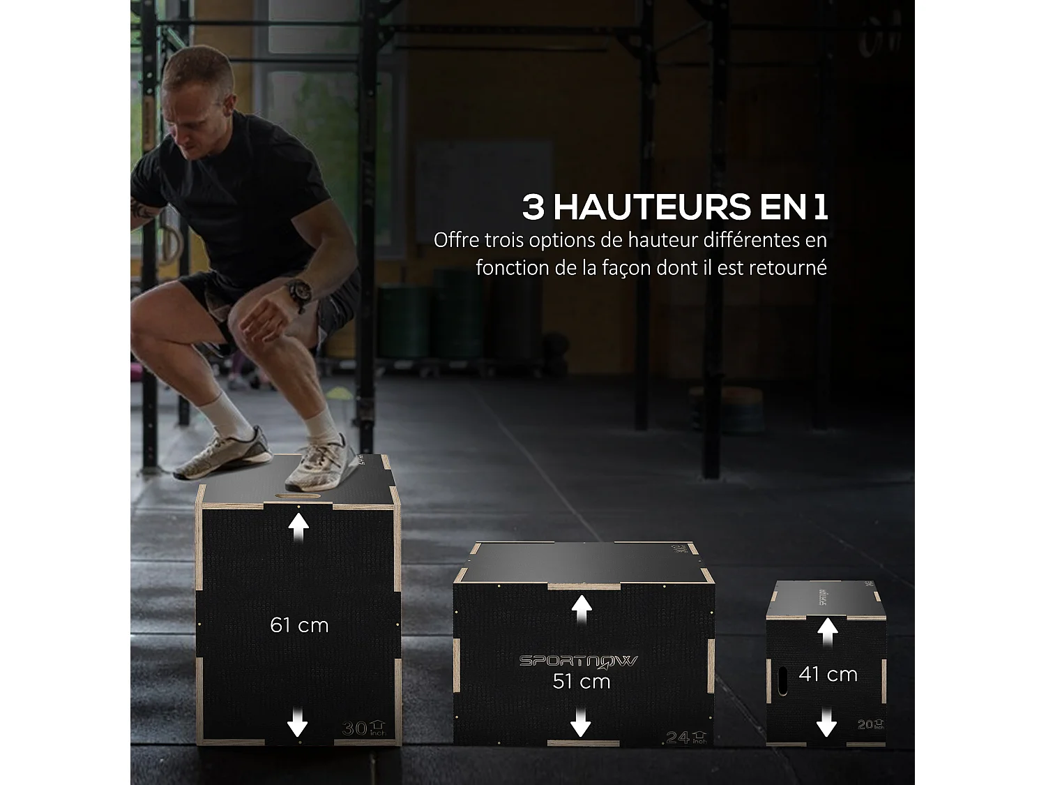 Box jump - box de pliométrie - boite de saut - 3 hauteurs 41/51/61H cm - charge max. 120 Kg - bois surface antidérapante noir