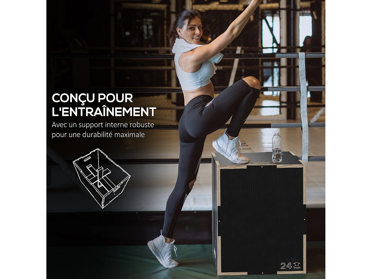 Box jump - box de pliométrie - boite de saut - 3 hauteurs 41/51/61H cm - charge max. 120 Kg - bois surface antidérapante noir