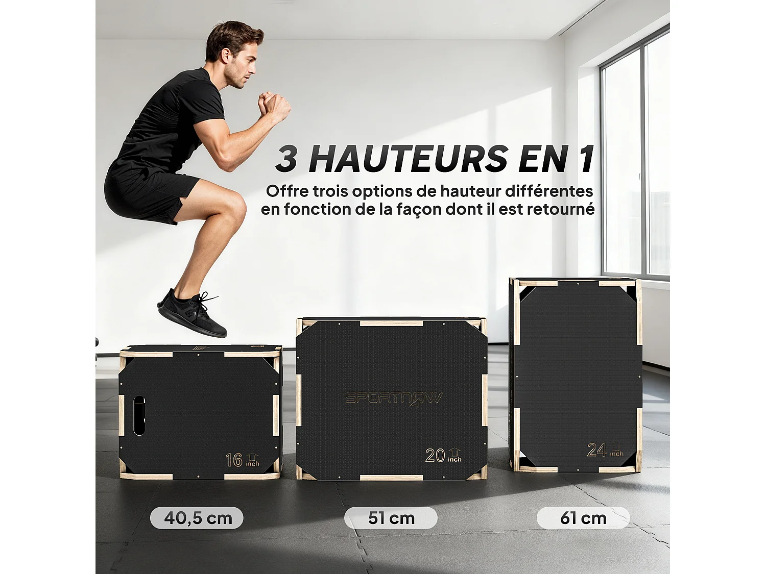 Box jump - box de pliométrie - boite de saut - 3 hauteurs 40/51/61H cm - charge max. 120 Kg - contreplaqué antidérapant noir