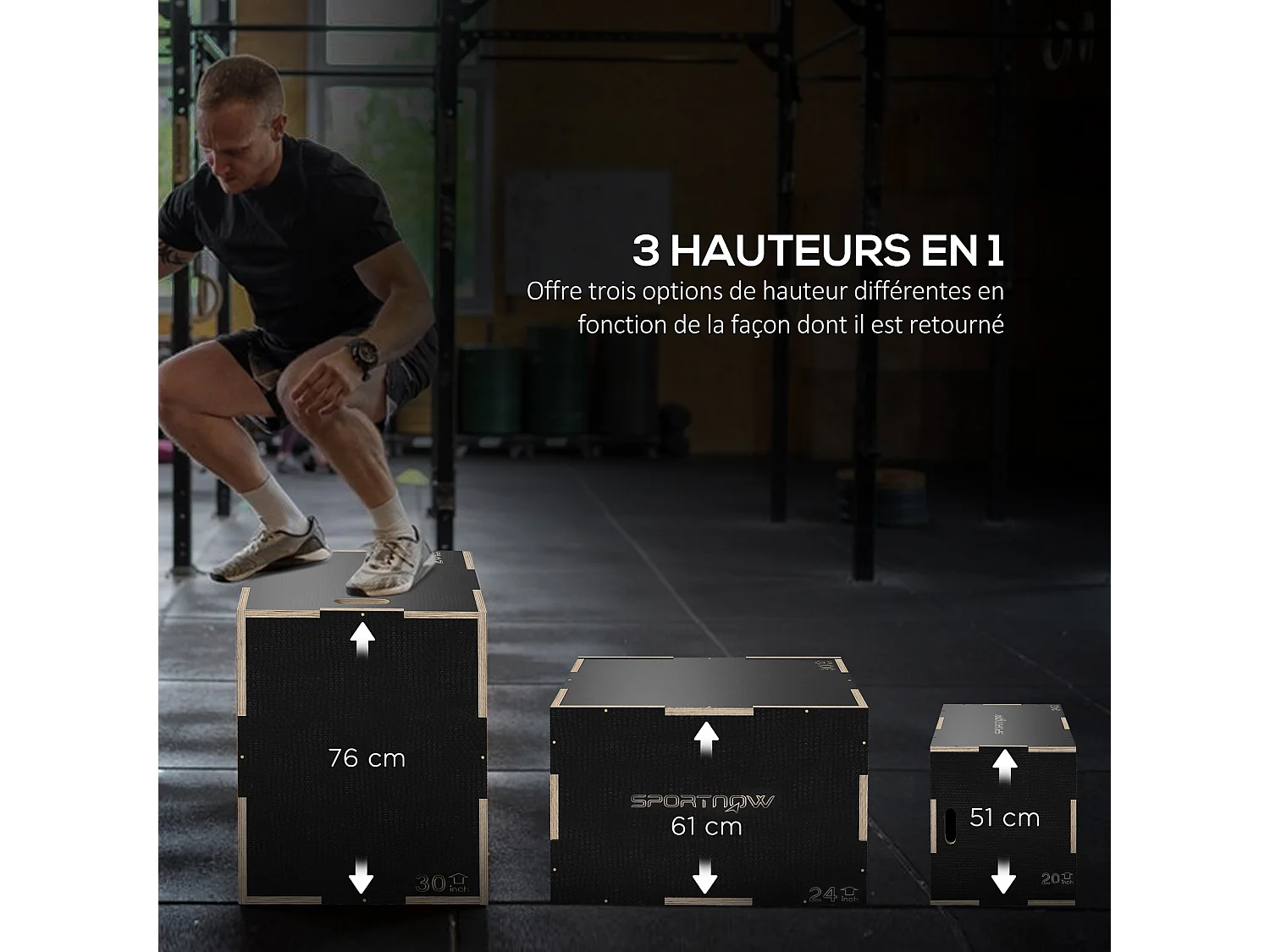 Box jump - box de pliométrie - boite de saut - 3 hauteurs 51/61/76H cm - charge max. 120 Kg - bois surface antidérapante noir