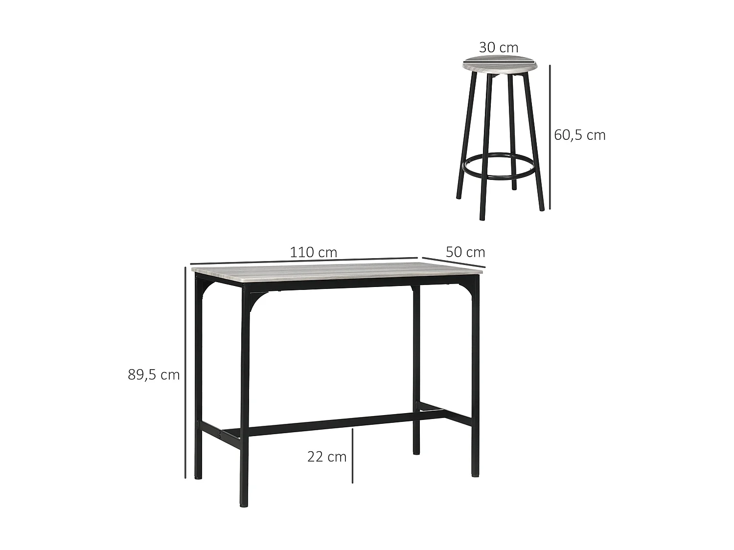 Ensemble table de bar 4 tabourets style industriel métal noir aspect bois gris