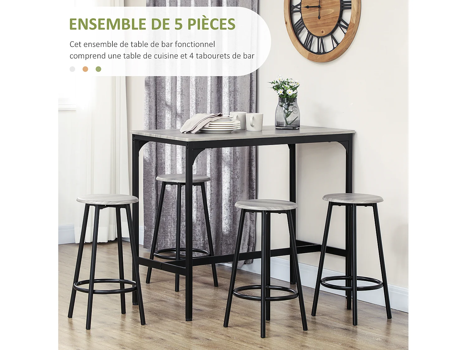 Ensemble table de bar 4 tabourets style industriel métal noir aspect bois gris
