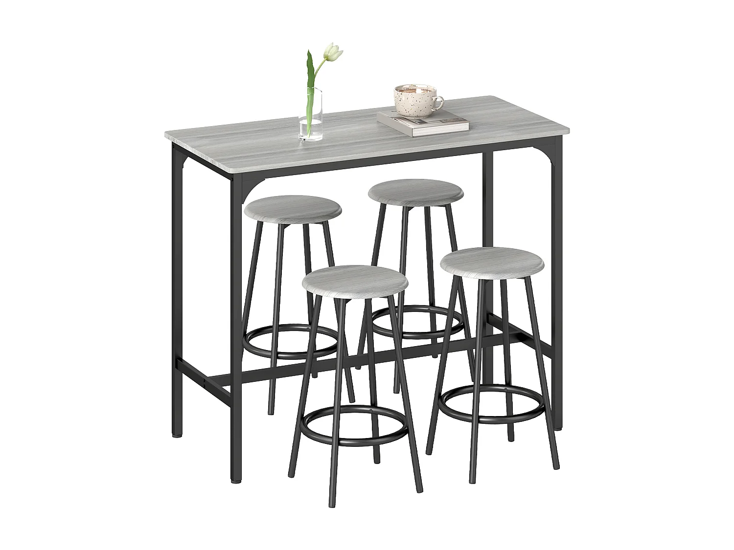 Ensemble table de bar 4 tabourets style industriel métal noir aspect bois gris