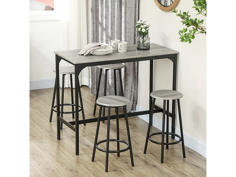 Ensemble table de bar 4 tabourets style industriel métal noir aspect bois gris