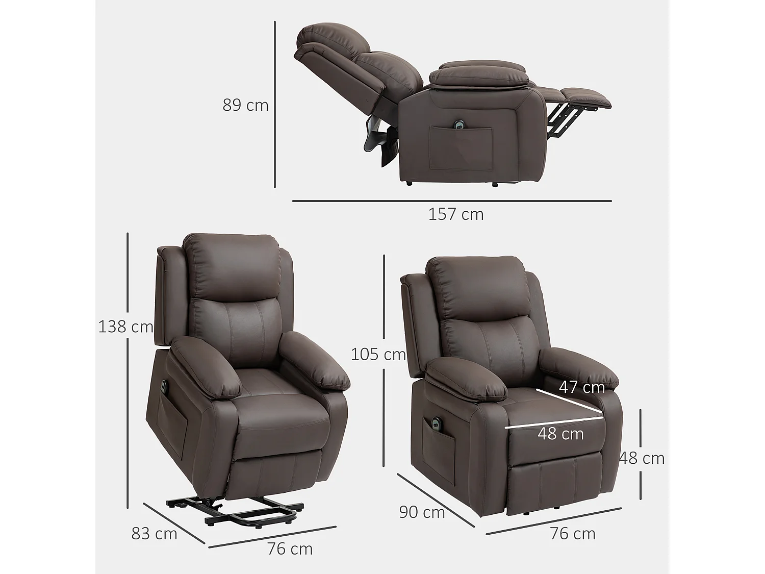 Fauteuil de relaxation électrique fauteuil releveur inclinable repose-pied ajustable revêtement synthétique chocolat