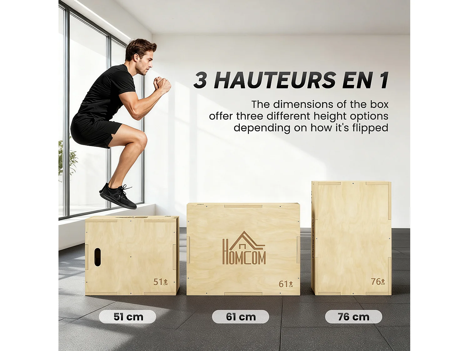 Box jump - box de pliométrie - boite de saut - 3 hauteurs 51/61/76H cm - charge max. 120 Kg - bois de hêtre