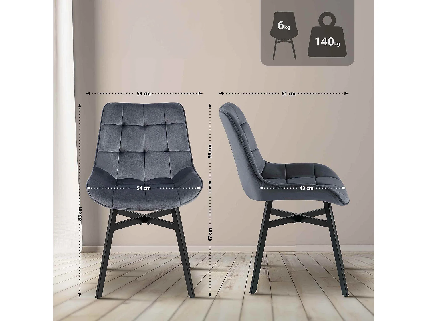 chaise salle à manger - Velours - Gris foncé - Colby