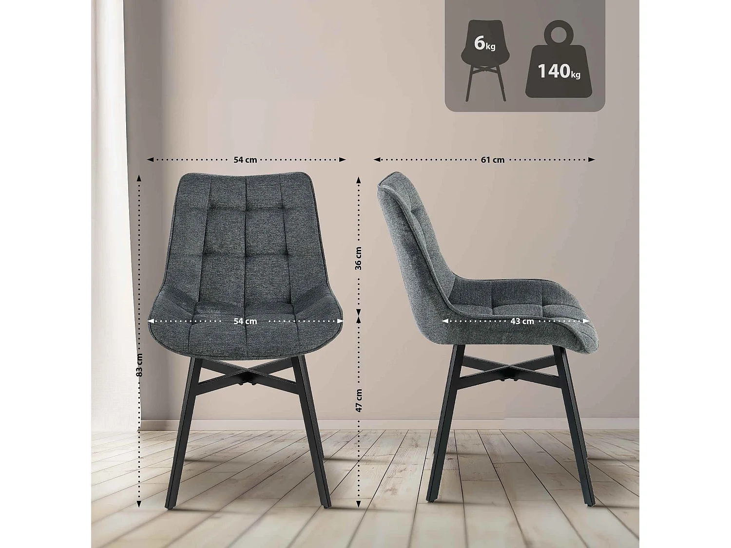 chaise salle à manger - Tissu - Gris foncé - Colby