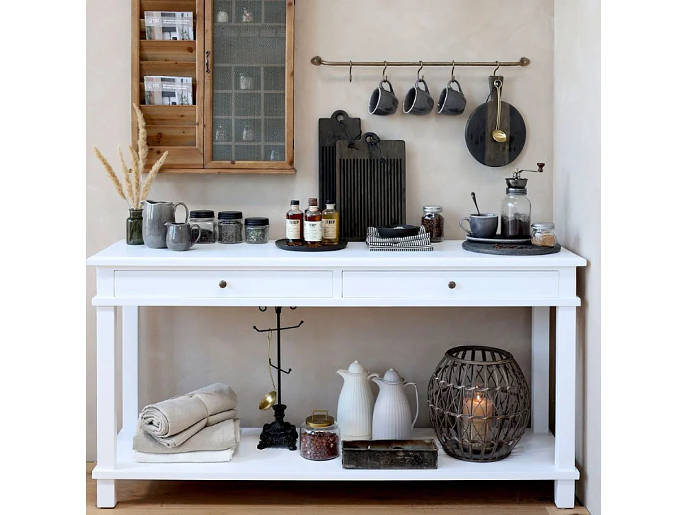 Table de service desserte en bois de peuplier blanc 158 x 44 x 81 cm