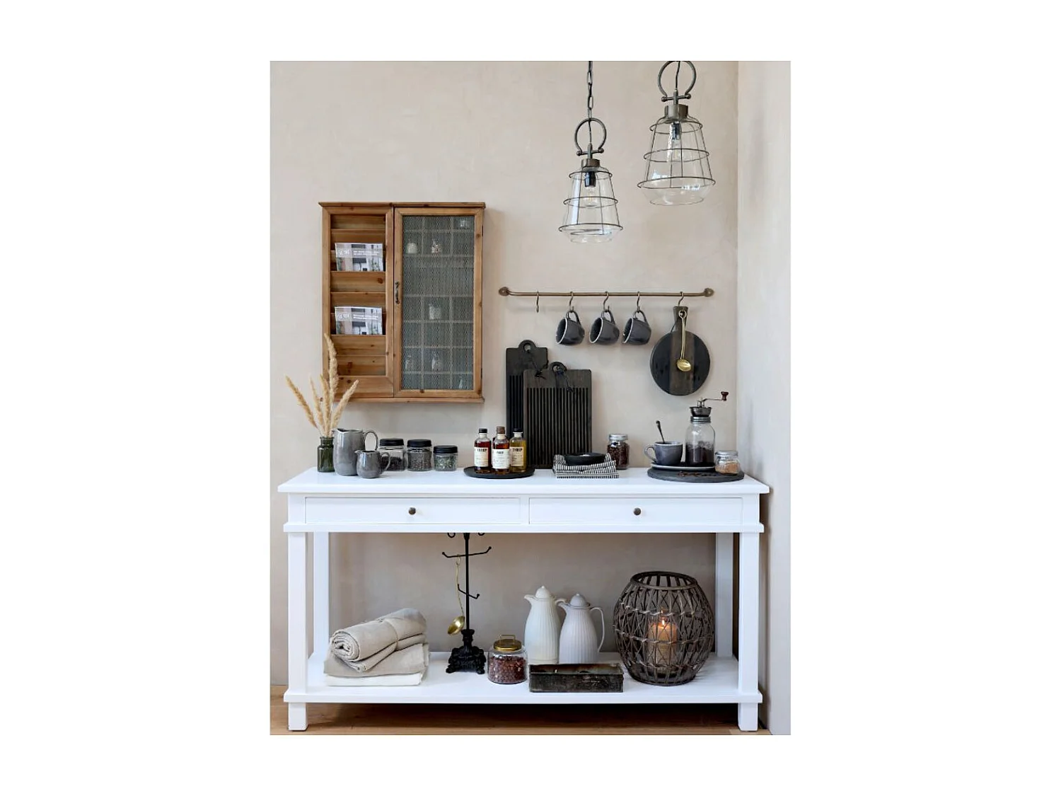 Table de service desserte en bois de peuplier blanc 158 x 44 x 81 cm