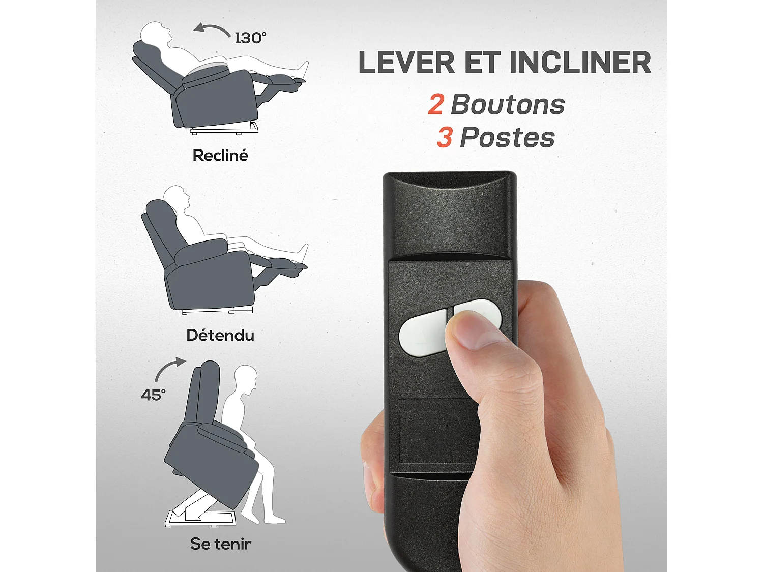 Fauteuil releveur électrique fauteuil de relaxation inclinable repose-pied relevable grand confort télécommande revêtement synthétique gris