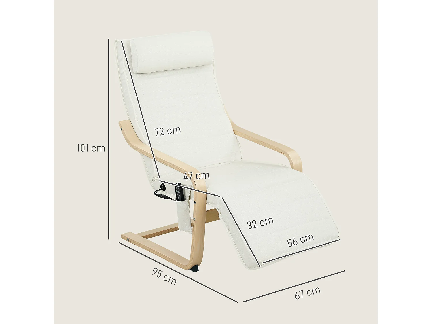 Fauteuil de relaxation massant chauffant style nordique repose-pieds ajustable bois crème