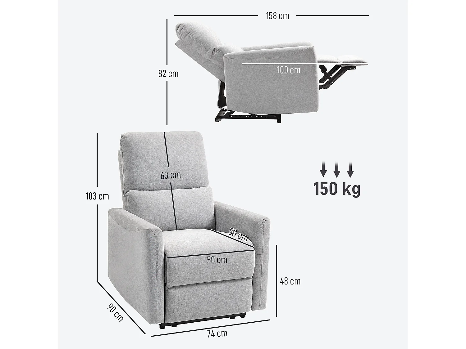 Fauteuil de relaxation inclinable repose-pieds intégré tissu toucher lin gris clair
