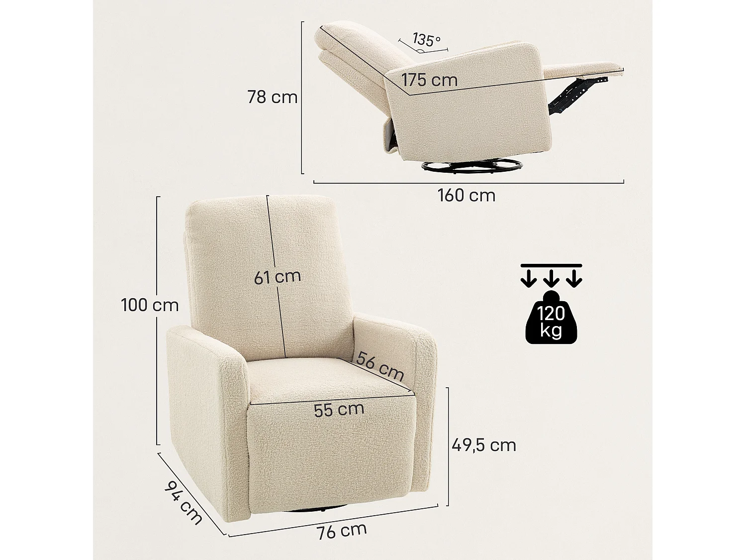 Fauteuil relax design bouclette - fauteuil inclinable pivotant repose-pieds intégré - beige