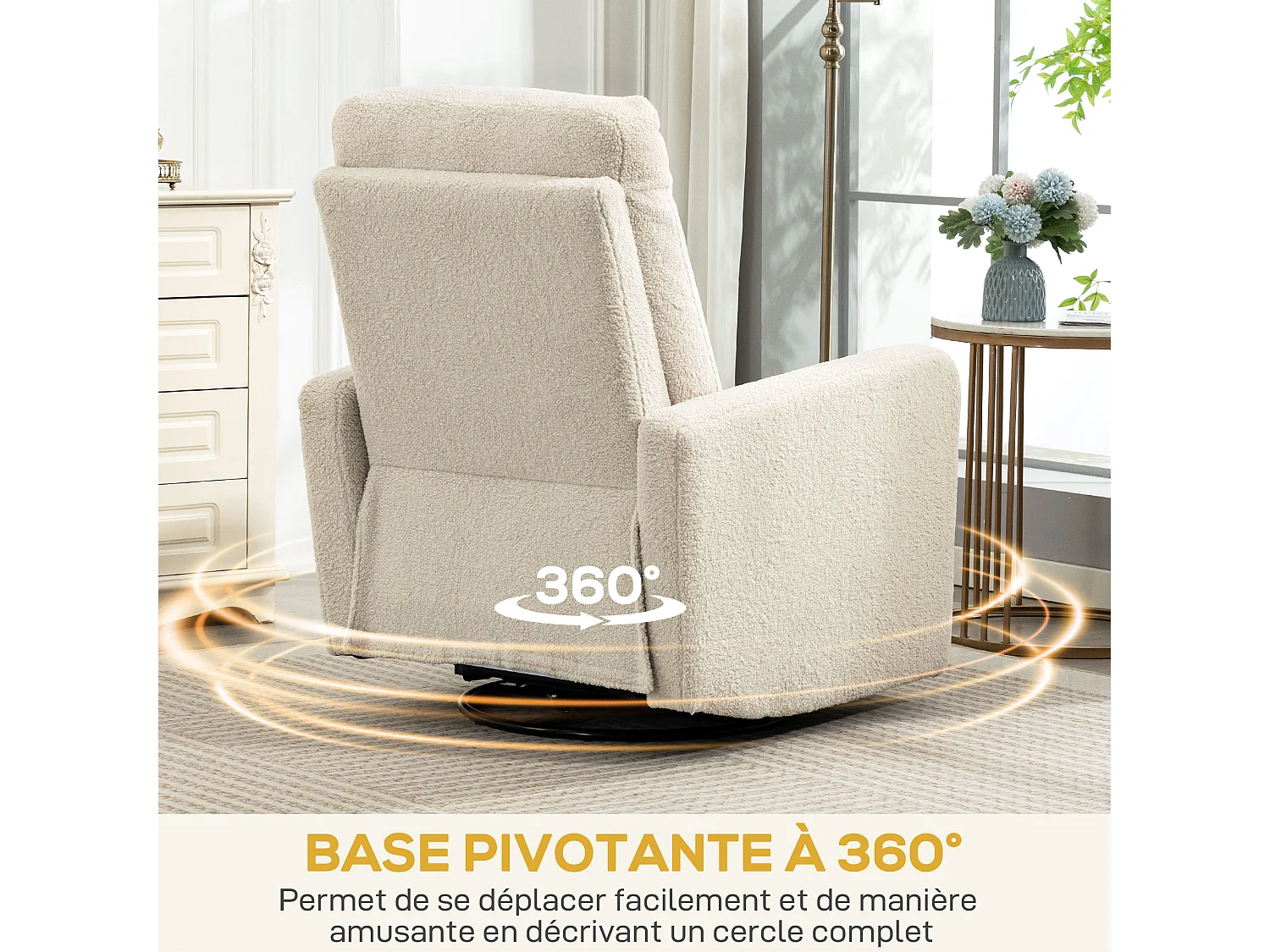 Fauteuil relax design bouclette - fauteuil inclinable pivotant repose-pieds intégré - beige