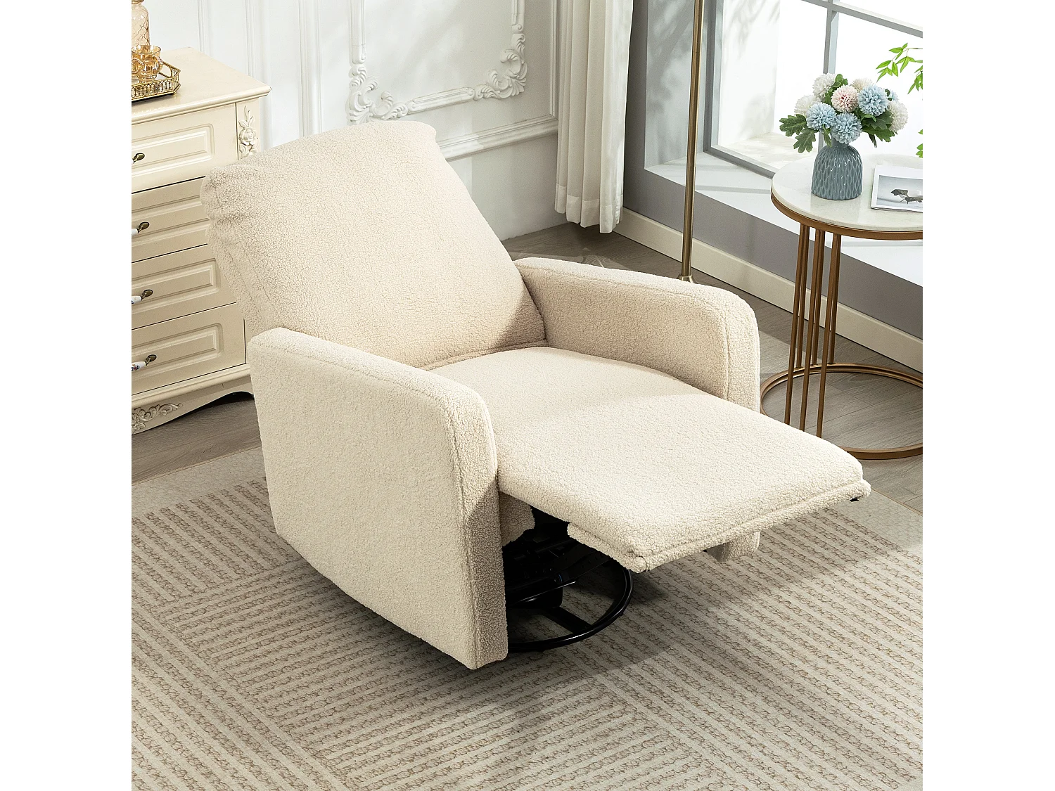 Fauteuil relax design bouclette - fauteuil inclinable pivotant repose-pieds intégré - beige