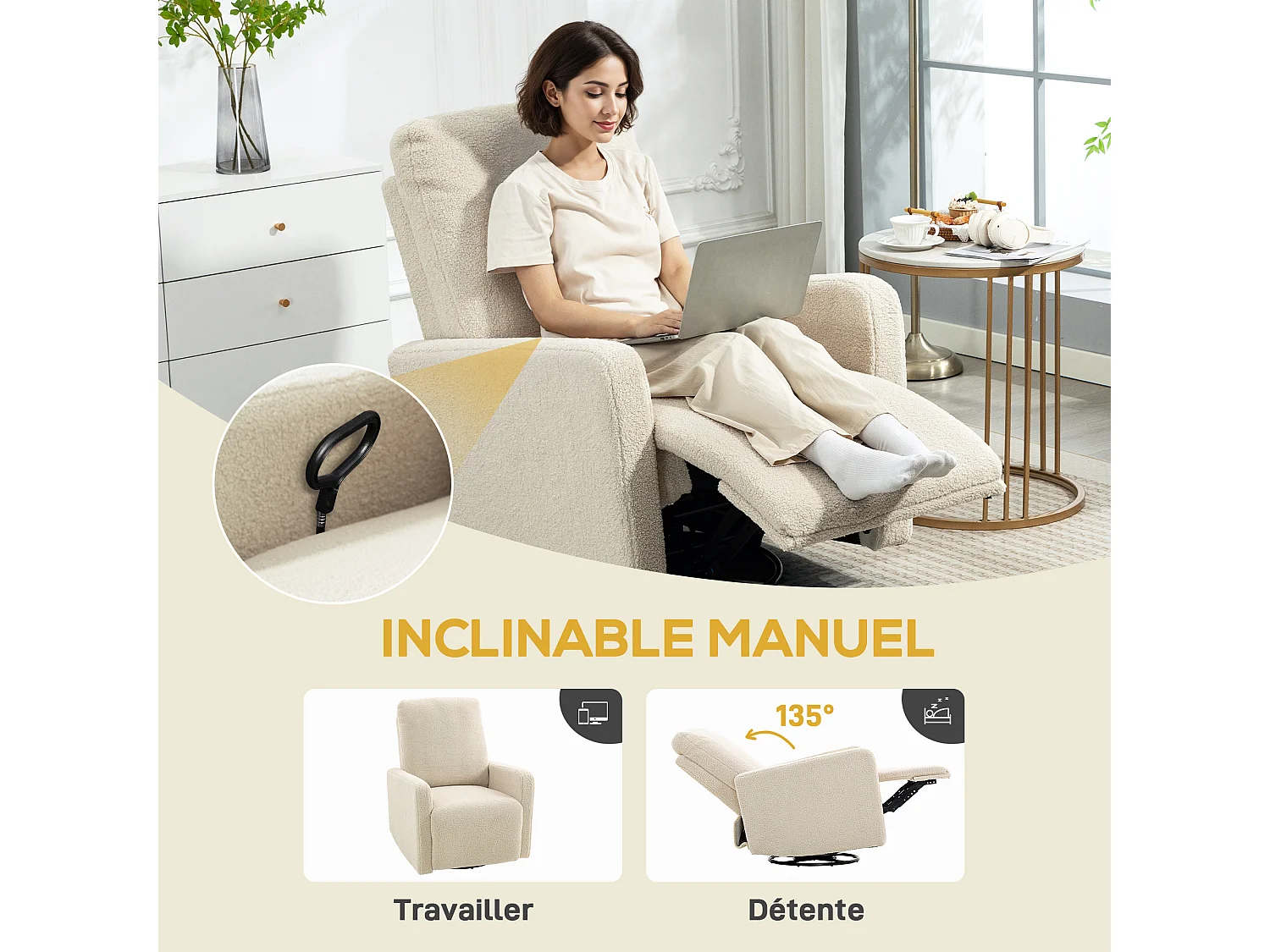 Fauteuil relax design bouclette - fauteuil inclinable pivotant repose-pieds intégré - beige