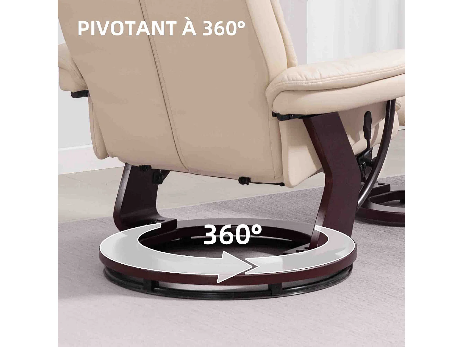 Fauteuil repose-pieds assorti inclinable pivotant piètement effet bois wengé revêtement synthétique beige clair