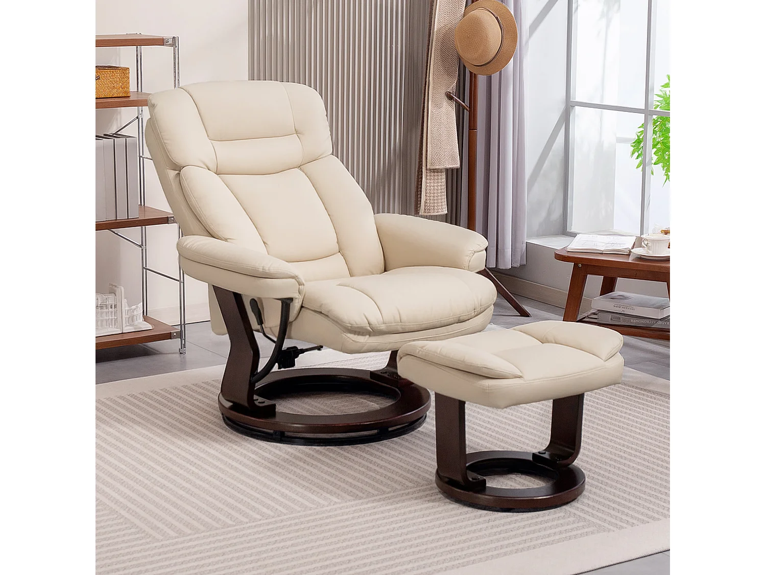 Fauteuil repose-pieds assorti inclinable pivotant piètement effet bois wengé revêtement synthétique beige clair
