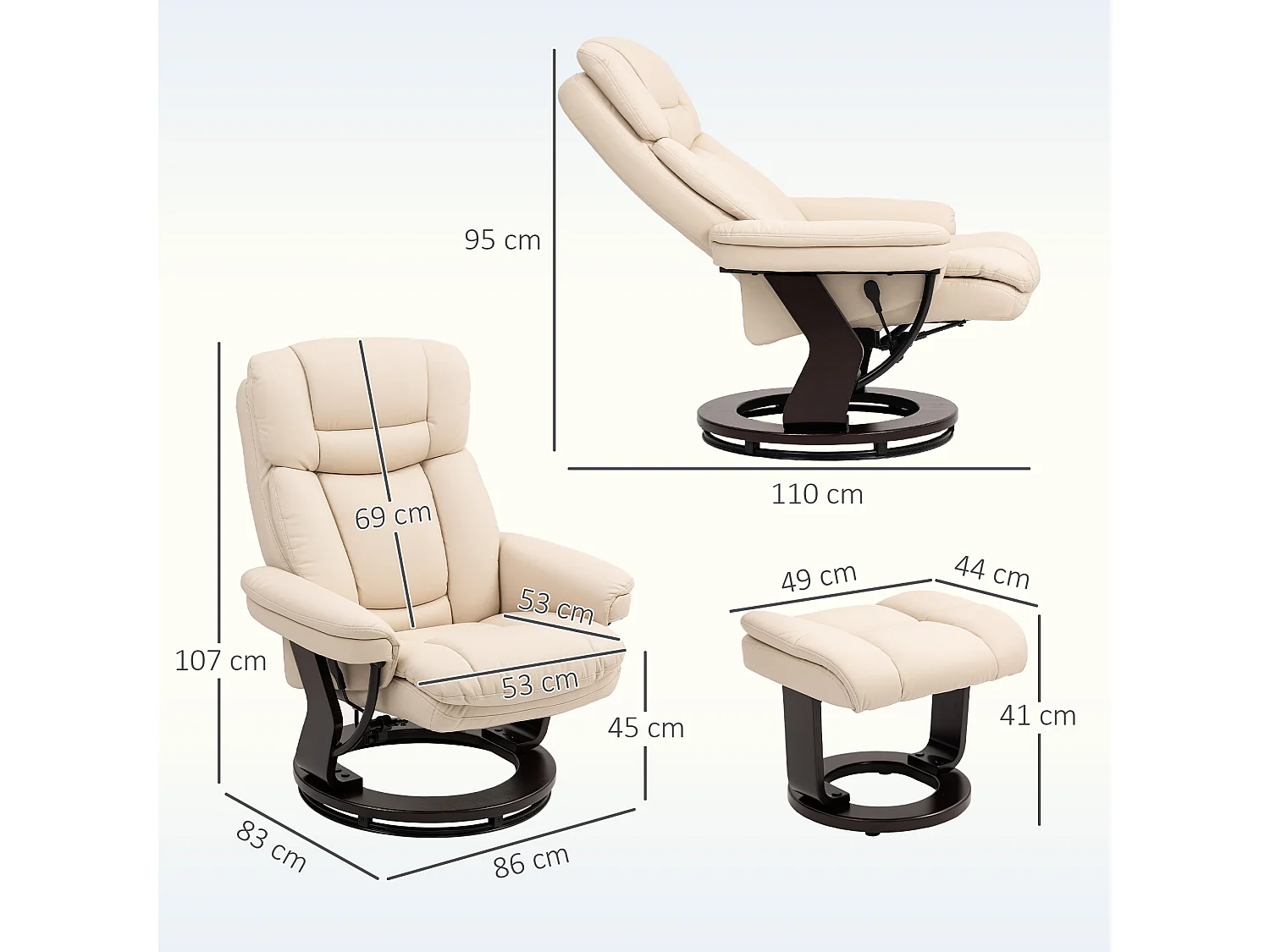 Fauteuil repose-pieds assorti inclinable pivotant piètement effet bois wengé revêtement synthétique beige clair