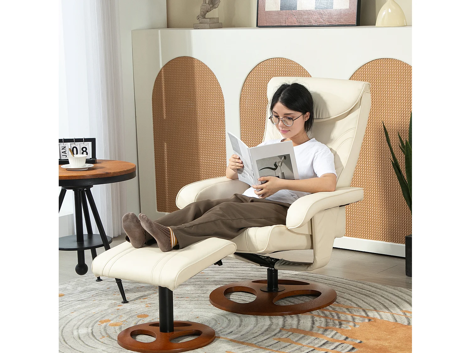 Ensemble fauteuil repose-pieds design Chesterfield - inclinable - bois verni synthétique surpiqûres crème