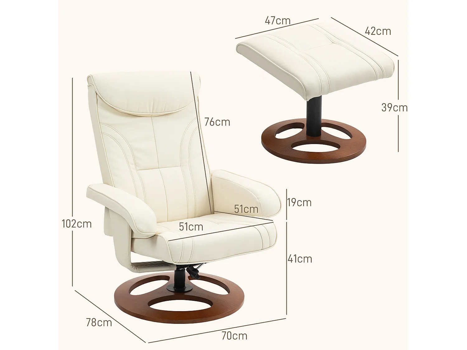 Ensemble fauteuil repose-pieds design Chesterfield - inclinable - bois verni synthétique surpiqûres crème