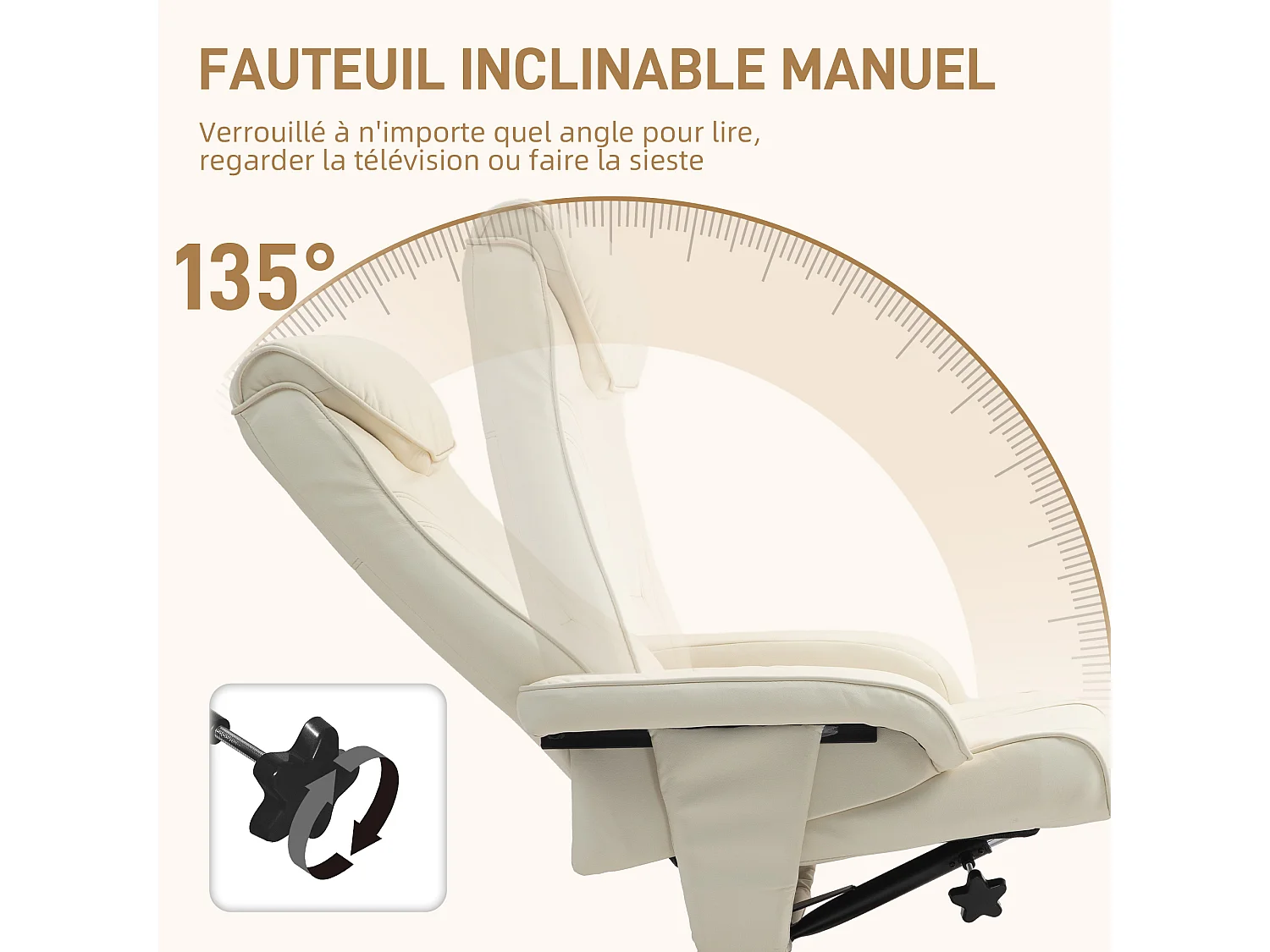 Ensemble fauteuil repose-pieds design Chesterfield - inclinable - bois verni synthétique surpiqûres crème