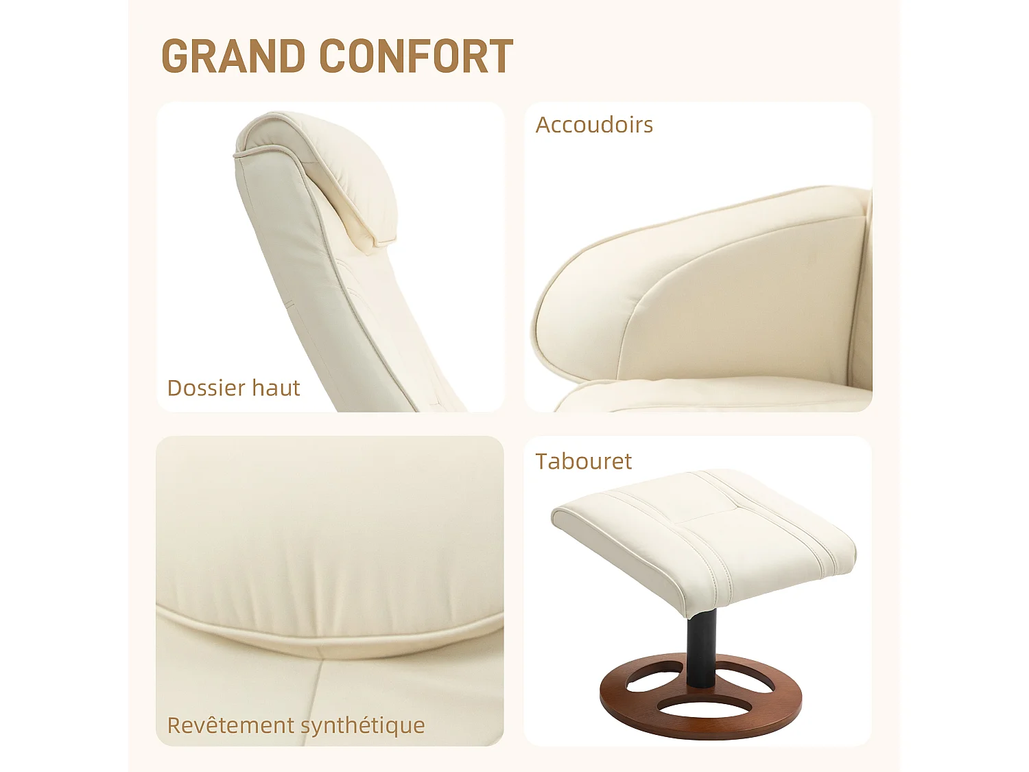 Ensemble fauteuil repose-pieds design Chesterfield - inclinable - bois verni synthétique surpiqûres crème