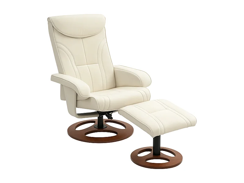 Ensemble fauteuil repose-pieds design Chesterfield - inclinable - bois verni synthétique surpiqûres crème