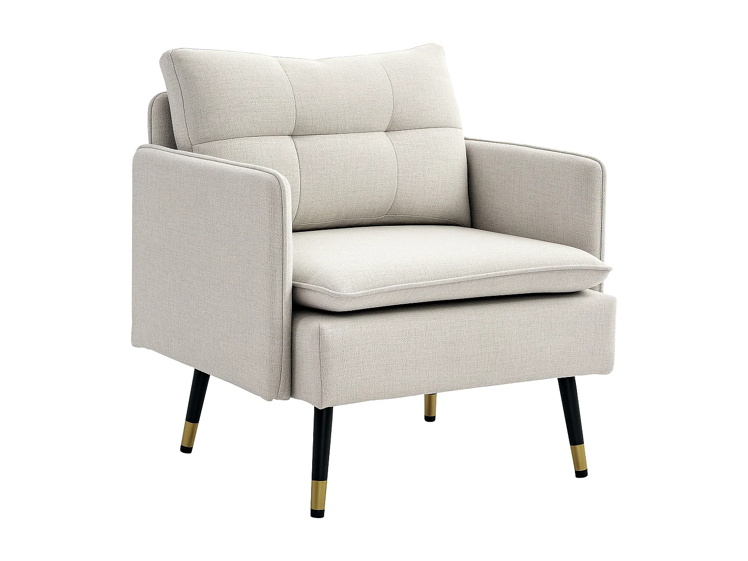 Fauteuil style art-déco dossier effet capitonné piètement incliné effilé métal noir extrémités dorées tissu blanc cassé