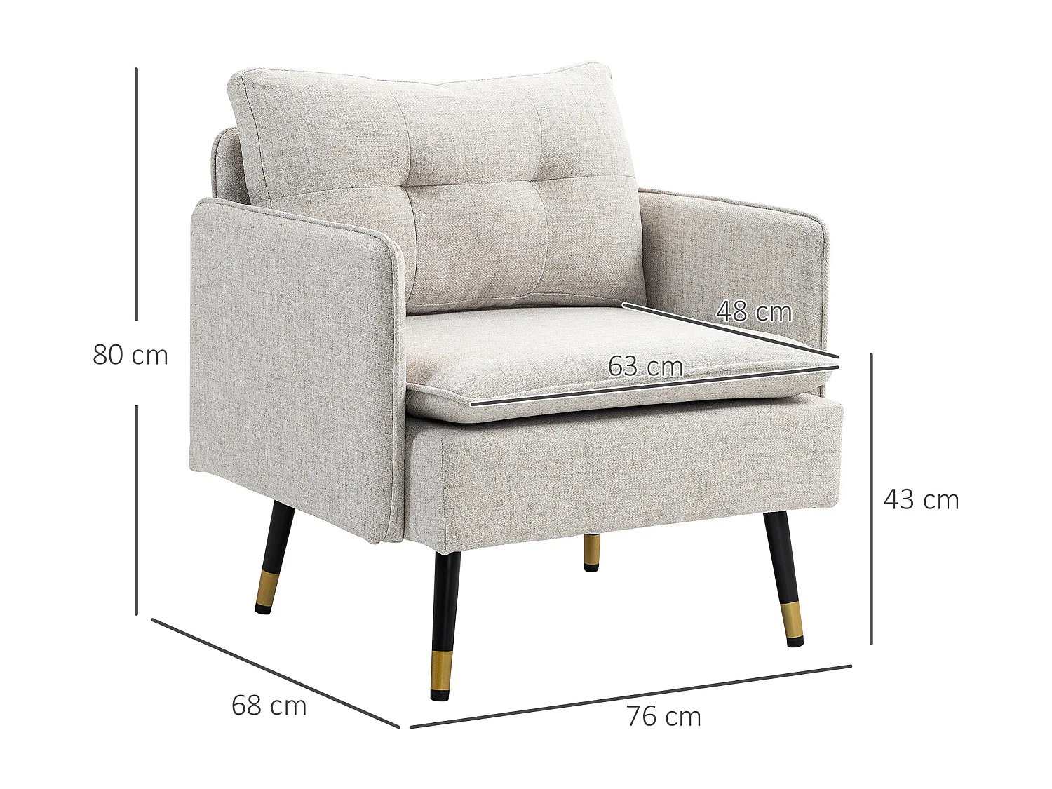 Fauteuil style art-déco dossier effet capitonné piètement incliné effilé métal noir extrémités dorées tissu blanc cassé