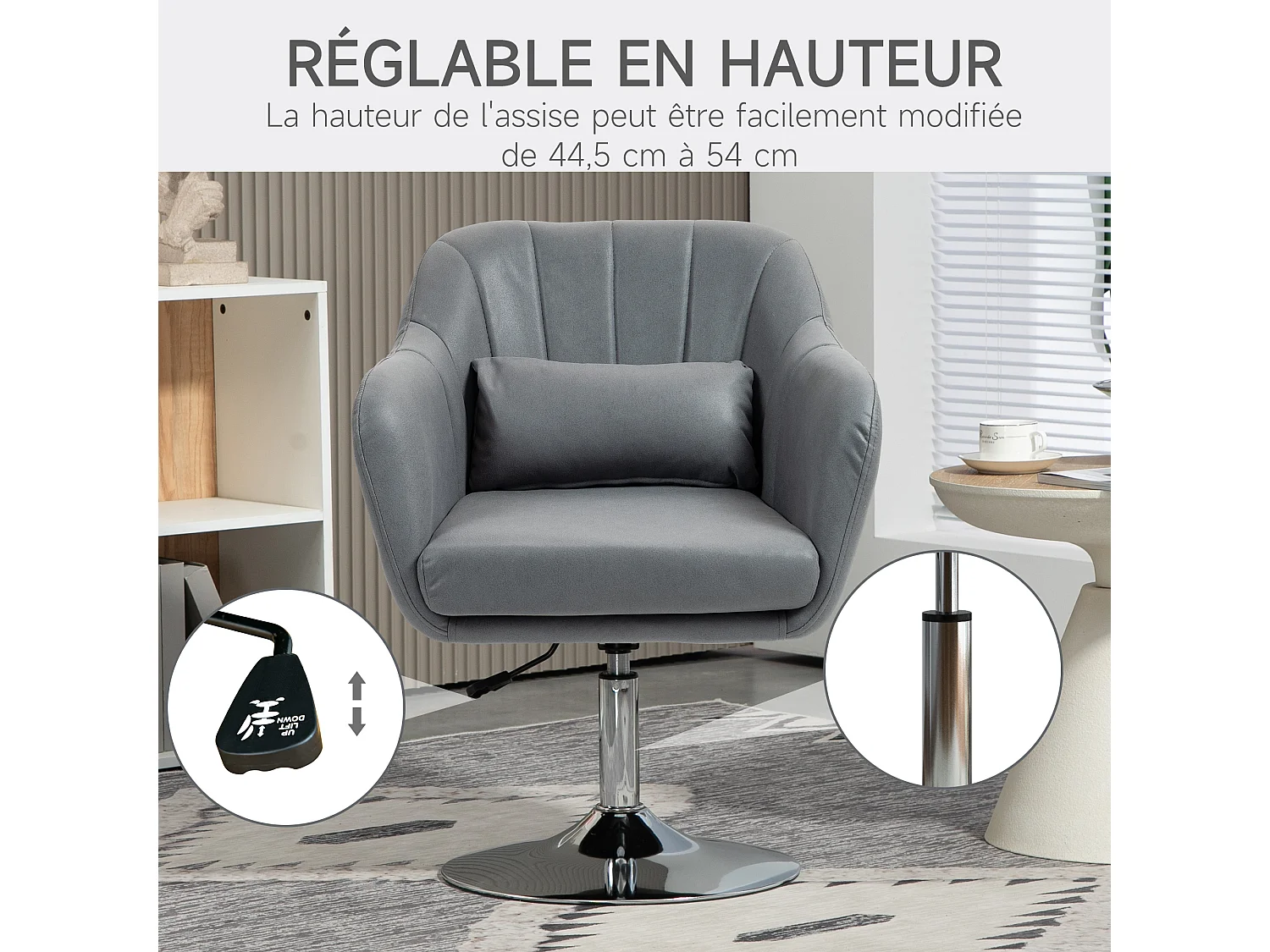 Fauteuil lounge design grand confort coussins lombaires hauteur réglable pivotant 360° piètement métal chromé lin gris
