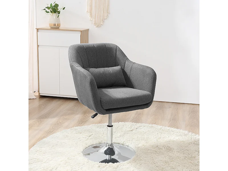 Fauteuil lounge design grand confort coussins lombaires hauteur réglable pivotant 360° piètement métal chromé lin gris