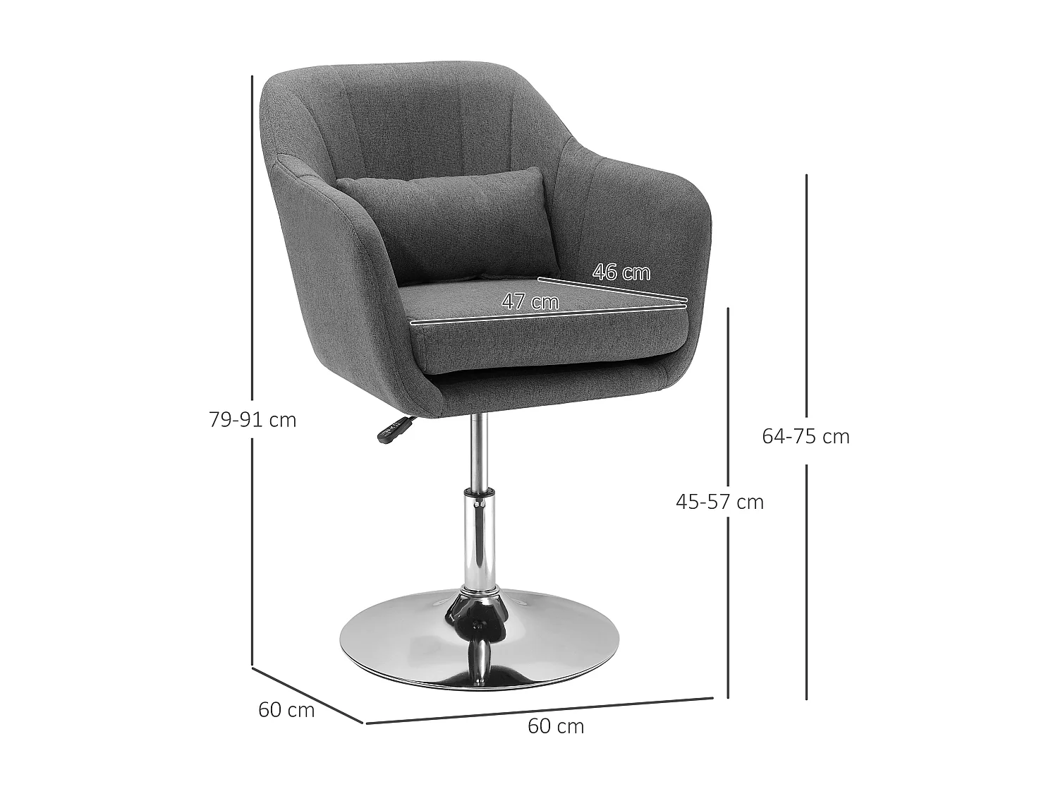 Fauteuil lounge design grand confort coussins lombaires hauteur réglable pivotant 360° piètement métal chromé lin gris