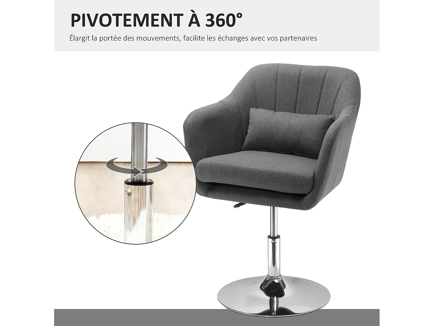 Fauteuil lounge design grand confort coussins lombaires hauteur réglable pivotant 360° piètement métal chromé lin gris